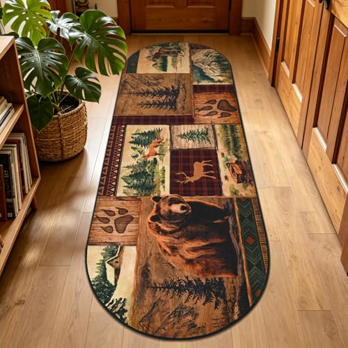 ASPMIZ Rustic Cabin Rug 2x6 Runner, Lodge Bear Oblong Runner Rug for Hallway, Southwestern Wildlife Washable Hall Carpet Runners Non Slip, Buffalo Oval Floor Runners for Entryway Indoor, Brown - color: Brown, size: 2' X 6' (Oblong)