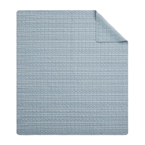 Levtex Home - Trintton Quilted Throw - 50x60in. - Artisan Woven-Inspired Bands in Blue - Reversible - Cotton - size: Throw 50x60