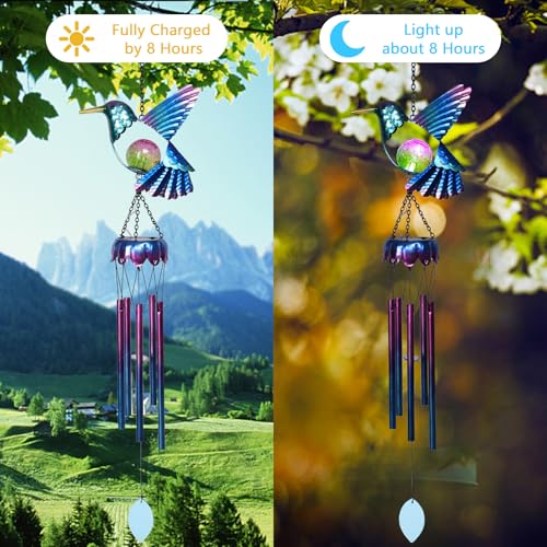 Taman Solar Wind Chime - Hummingbird Crack Glass Solar Light for Outside Waterproof Aluminum Tubes Decorative Memorial Gift, for Home, Outdoor, Yard, Patio,Garden Decor