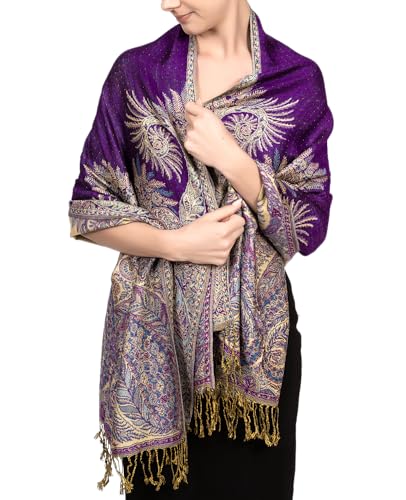 Achillea Reversible Paisley Pashmina Rave Scarf – Exotic Indian Shawls and Wraps for Evening Dresses, Festivals, All Seasons - color: Big Paisley Purple