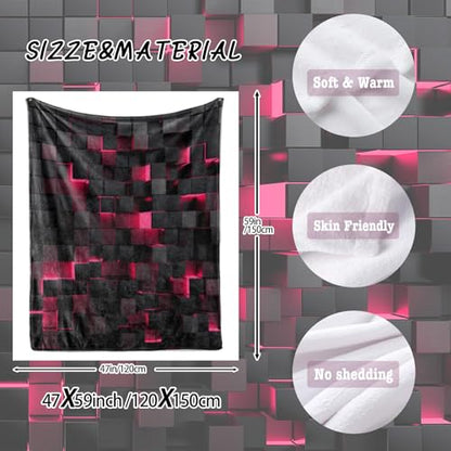 Lightweight Fleece Blanket,Super Soft Cozy Fluffy Plush Geometric Pink Black Abstract Ombre Print Throw Blanket for Couch, Sofa, Bed 47"x59"