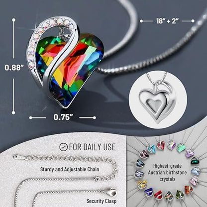 Leafael Gift Necklaces for Women, Infinity Love Birthstone Heart Crystal Pendant, Birthday Anniversary Jewelry for Wife, Mom, and Her, Silver Plated, 18" + 2" Adjustable Chain - color: 13a-Protection-Rainbow Black