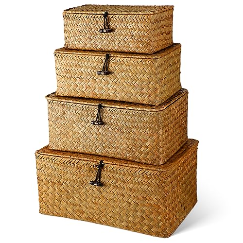 Woanger Set of 4 Wicker Baskets with Lids, Nautral Seagrass Storage Baskets, Woven Rectangular Basket Bins, Rattan Storage Organizer for Shelf Closet Bedroom(Orange) - color: Orange
