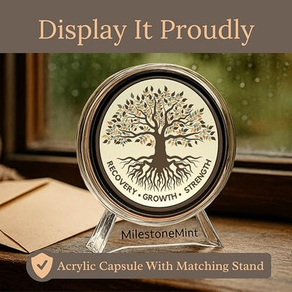 MilestoneMint Tree of Life AA Sobriety Coin - Affirmation Sobriety Chips, Recovery Coins, AA Chip, Sober Coin w/Serenity Prayer – 2D Raised Textured Medallion Included w/Capsule, Card, Pouch, Gift Set - size: Tree Coin