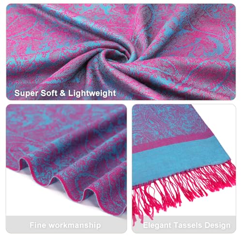 Silky Paisley Pashmina Shawl Scarf-Women's Soft Double-side Jacquard Pashminas Wrap for Evening Dress Travel Shawl - color: A-blue/Fuchsia