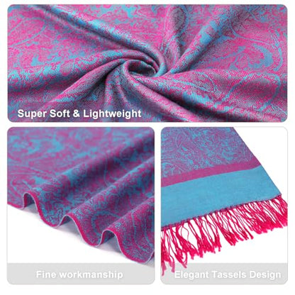 Silky Paisley Pashmina Shawl Scarf-Women's Soft Double-side Jacquard Pashminas Wrap for Evening Dress Travel Shawl - color: A-blue/Fuchsia