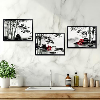 Biuteawal 3 Panels Zen Wall Art Black and White Bathroom Decor Zen Stone with Bamboo Picture Print Peaceful Artwork Painting Spa Living Room Kitchen Bedroom Framed