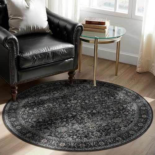 Dark Small Round Rugs 4ft, Low Pile Ultra Thin Entryway Circle Rug 4 Feet Washable Non Slip, Vintage Farmhouse Earthy 4x4 Circular Carpet for Bathroom/Ktichen/Small Dining Room/Bedroom Bedside - color: Midnight/Multi, size: 4' (Round)