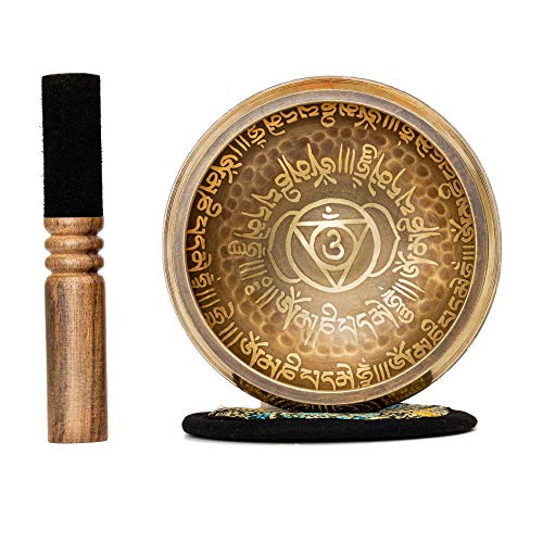Tibetan Singing Bowl Set 4.2 inch with Holy Buddhist Mantra and Sacred Third Eye Symbol from Nepal~ Antique design suitable for Yoga, Meditation, Sound Healing & Chakra Balancing~ (4.2 Third EYE)