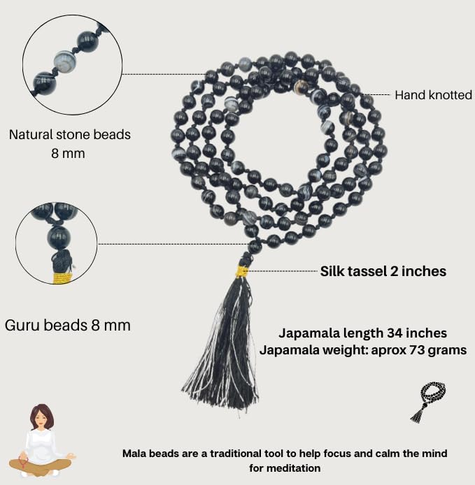 GEMSCITE Japa Mala 108 Prayer Beads Perfect for Meditation Spiritual Mala Necklace & Wrist Mala Bracelet - color: Black Banded Agate, size: Hand Knotted