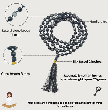 GEMSCITE Japa Mala 108 Prayer Beads Perfect for Meditation Spiritual Mala Necklace & Wrist Mala Bracelet - color: Black Banded Agate, size: Hand Knotted