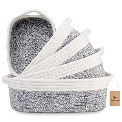 5-Piece Rectangle Storage Basket Set- Natural Cotton Rope Woven Baskets for Organizing! Small Basket for Montessori, Baby Nursery, Dog Toy Baskets, Cat Toy Box, Bathroom Organization Bin - color: Off White & Mixed Gray