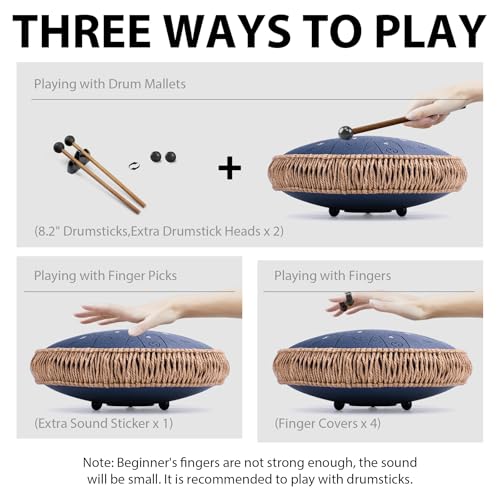 Steel Tongue Drum 13 Inch 15 Notes, C Major 432 Hz Handpan Drum for Adults, Kids, and Beginners, Meditation Gift, with Music Book, Mallets and Carry Bag (Navyblue)