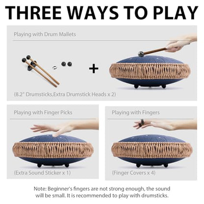 Steel Tongue Drum 13 Inch 15 Notes, C Major 432 Hz Handpan Drum for Adults, Kids, and Beginners, Meditation Gift, with Music Book, Mallets and Carry Bag (Navyblue)