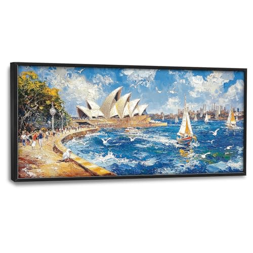Sydney Opera House Large Wall Art Beach Boat Pictures Wall Decor Coastal Canvas Seascape Print Painting Modern Artwork Home Decoration for Living Room Bathroom Bedroom Office Framed 60"x30" - color: Sydney, size: 60"L x 30"W