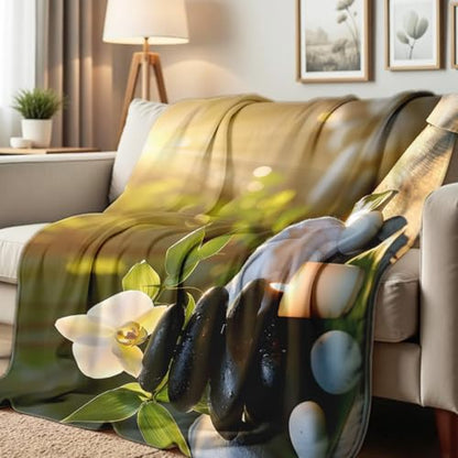 Zen Stone Candle Print Flannel Blanket Spa Themed Throw Blanket Cozy Couch Bed Throw Bedding Meditation Decor Gifts (49"x59")