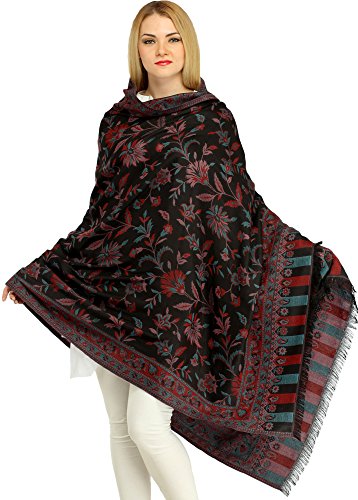 Exotic India Women Reversible Jamawar Wool Shawl with Woven Flowers | Ethnic Beautiful Floral Weave Stole, Dupatta - color: Pirate Black