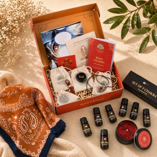 Root Chakra Healing Kit – Grounding & Stability with Crystals, Essential Oils, Candle, Meditation Shawl, Chakra Jewelry, Affirmations & Guidebook – 1st Box - color: Root Chakra