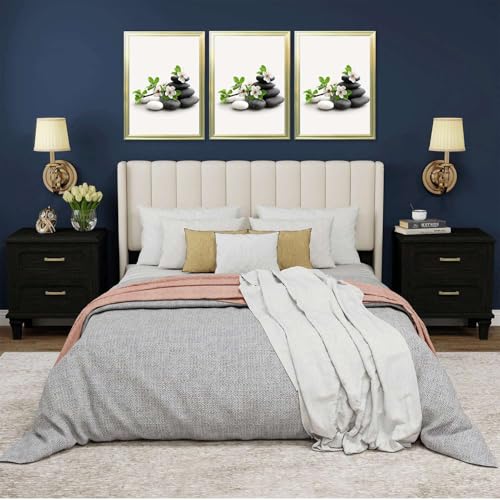 Framed Zen Stones and White Blossoms Poster Canvas Print Art Modern Minimalist Aesthetic Wall Art Painting Pictures Wall Decor Elegant Home Decoration for Living Room Bedroom Office (Golden frame,12''LX16''W)