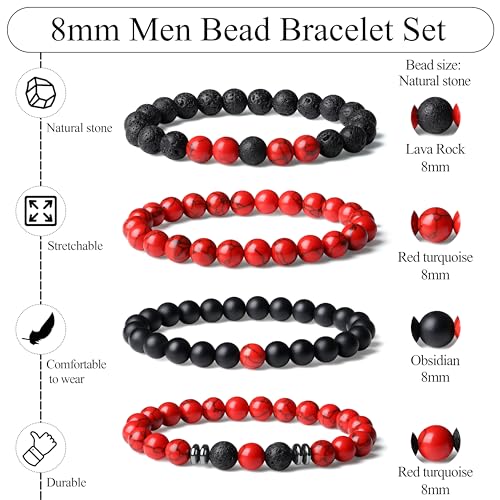 Mens Beaded Bracelets, 8MM Beaded Bracelets for Men, Natural Tiger Eye Bead Bracelet, Stretch Elastic Beads Bracelets for Men