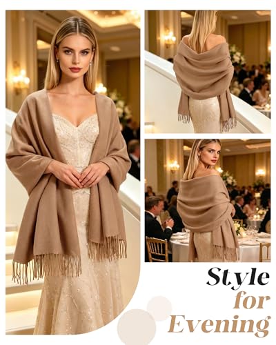 Winter Scarf for Women Pashmina Shawls and Wraps for Evening Dresses Wedding Party Bridesmaid Warm Long Scarves Shawl - color: Camel