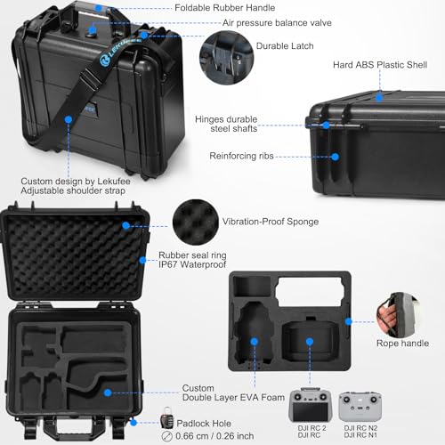 Lekufee Portable Waterproof Hard Case for DJI Mini 4 Pro/3 Pro/3 Drone, RC 2/RC N3/N2, Goggles 2/3/Integra, RC Motion 2/3 and Accessories(Case Only)