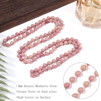 Beaded Necklace Hand Knotted for Woman - color: Rhodonite