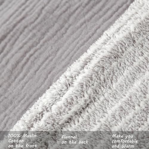 Muslin Cotton Throw Blanket with Flannel for Bed,Super Soft Muslin Blanket with Cozy Flannel for Adults 55 * 72inches,Grey. - color: Grey