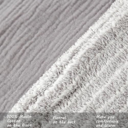 Muslin Cotton Throw Blanket with Flannel for Bed,Super Soft Muslin Blanket with Cozy Flannel for Adults 55 * 72inches,Grey. - color: Grey