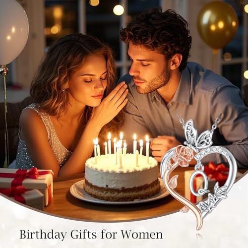 TOUPOP Gifts for Women Her 925 Sterling Silver Rose Heart Initial Necklace Butterfly Heart Jewelry Anniversary Birthday Gifts for Wife Girlfriend Mom - color: Q Initial