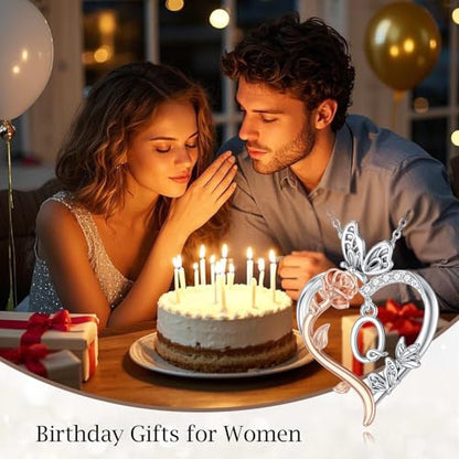 TOUPOP Gifts for Women Her 925 Sterling Silver Rose Heart Initial Necklace Butterfly Heart Jewelry Anniversary Birthday Gifts for Wife Girlfriend Mom - color: Q Initial