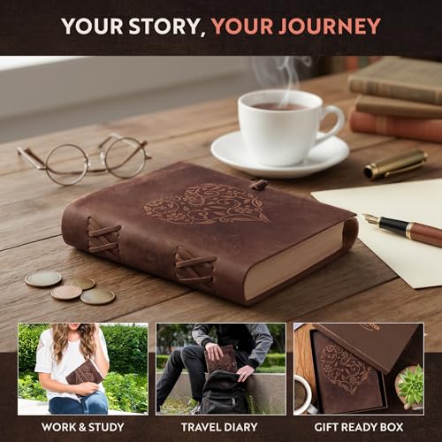 moonster Leather Journal with Embossed Heart Shape - Non Refillable 8x6″ Lined Notebook - 400 Pages College Ruled Kraft Paper - Inspirational Small Notebook - Leather Journals for Women - size: 8" x 6"