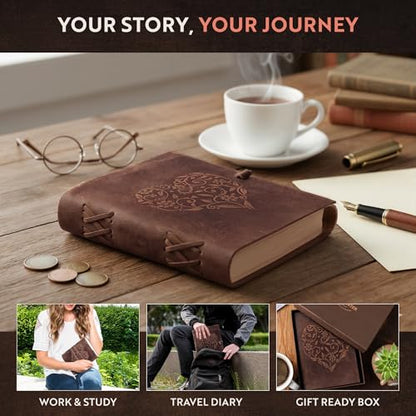 moonster Leather Journal with Embossed Heart Shape - Non Refillable 8x6″ Lined Notebook - 400 Pages College Ruled Kraft Paper - Inspirational Small Notebook - Leather Journals for Women - size: 8" x 6"