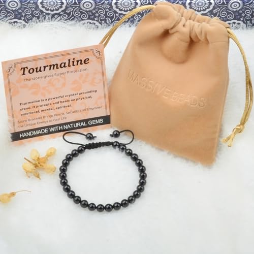MASSIVE BEADS Handmade Yoga Natural Stone Crystal Healing Power Energy Gifts for Unisex Adult Bracelet Macrame Adjustable - color: Black Tourmaline(Super Protection), size: 6mm
