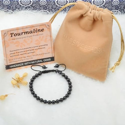 MASSIVE BEADS Handmade Yoga Natural Stone Crystal Healing Power Energy Gifts for Unisex Adult Bracelet Macrame Adjustable - color: Black Tourmaline(Super Protection), size: 6mm