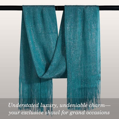 Sumolux Shawls Wraps for Evening Dresses Metallic Glitter Shawls Scarf for Women Sparkling Wedding with Free Buckle - color: Peacock Blue