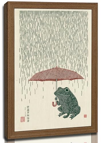 VASORASUE Wooden Framed,Japanese Frog With Umbrella Rain Wall Art, Whimsical Animal Canvas Decor for Bedroom Living Room - 12x16in - color: frog, size: 16"L x 12"W