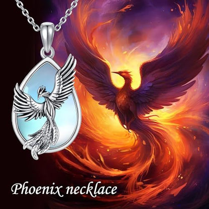 Sterling Silver Cute Animal Pendant Necklace Fox/Snake/Unicorn/Owl on Moon/Rabbit/Horse Necklace Jewelry for Women Mom Sister - style: Phoenix-Moonstone