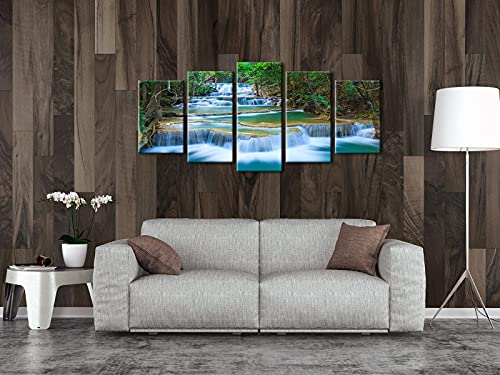 Wieco Art Peaceful Waterfall Canvas Prints Wall Art Green Trees Pictures Paintings for Living Room Bedroom Home Decorations Modern 5 Piece Stretched and Framed Forest Landscape Giclee Artwork - size: 10x16inchx2pcs,10x20inchx2pcs,10x24inchx1pc