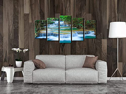 Wieco Art Peaceful Waterfall Canvas Prints Wall Art Green Trees Pictures Paintings for Living Room Bedroom Home Decorations Modern 5 Piece Stretched and Framed Forest Landscape Giclee Artwork - size: 10x16inchx2pcs,10x20inchx2pcs,10x24inchx1pc