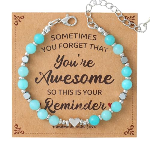 Birthday Bracelet: 6mm Natural Stone Healing Bracelet Inspirational Self-Care Gifts for Women, Mom, Daughter, Wife, Coworkers, Friend, Bestie, Granddaughter - color: Light Cyan