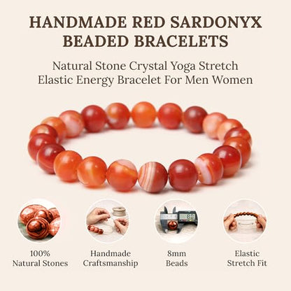 Elm City Direct 8mm Natural Stone Beaded Bracelet – Unisex Crystal Stretch Bracelets for Men & Women, Chakra & Healing Jewelry, Gift-Ready Beaded Bracelets - color: Red Sardonyx