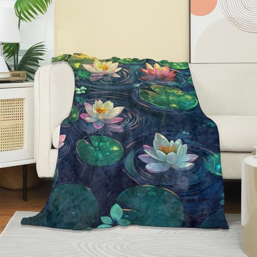 Serene Lotus Blanket, Soft Warm Cozy Beautiful Flowers Pond Throw Blanket Gifts for Adults Kids Women, Lightweight Fuzzy Comfy Flannel Blankets for Couch, Travel, Bed, House Decor 60×50 Inch