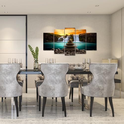 FuShvre Zen Wall Art Canvas Waterfall Pictures Teal and Orange Art for Zen Meditation Room Wall Decor Framed Large Size