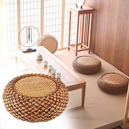 Japanese Style Rattan Floor Cushion - 6.7" Thick Hand-Woven Straw Tatami Floor Pillow & Meditation Seat - Round Pouf Ottoman with Sponge Filling for Yoga, Zen Room, Balcony (15.7 Inch)