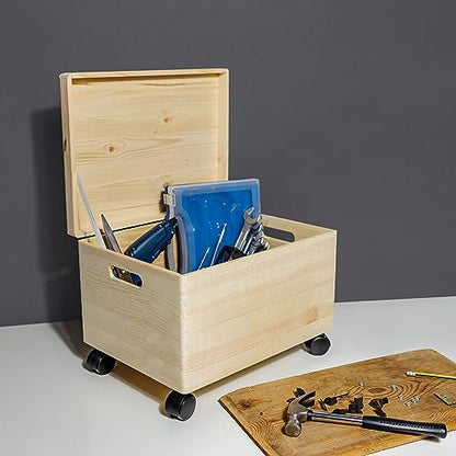Creative Deco XXL Large Plain Wooden Box Storage with Hinged Lid & Wheels | 15.8x11.8x9.44 inches (+-0.5) | Handles | Unpainted Gift Tool Dog Toy Clothes Kitchen Storage | Rough UNSANDED