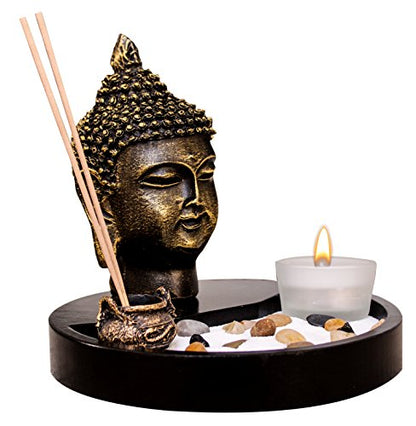 Zen Garden Deluxe Desk Meditation Garden Includes Large Buddha Head Statue, Incense and Incense Holder, Sand, Rocks, Tea Light Holder (Candles Not Included)