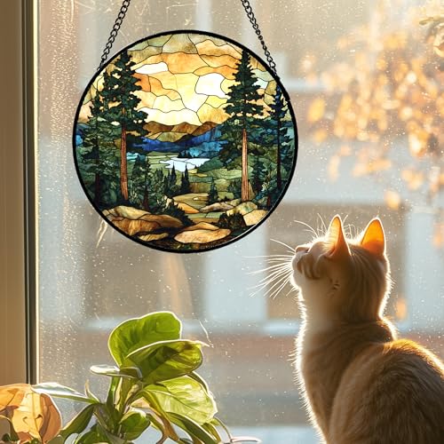 Stained Glass Window Hanging Forest Lake Mountain Sunset 7.8" - Suncatcher Door Garden Sunroom Sun Catcher Home Decor Birthday Christmas for Mom Men Woman Nana Friend