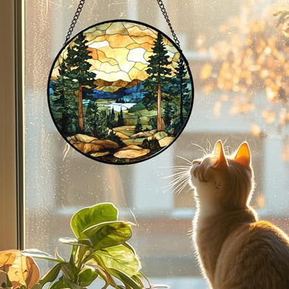 Stained Glass Window Hanging Forest Lake Mountain Sunset 7.8" - Suncatcher Door Garden Sunroom Sun Catcher Home Decor Birthday Christmas for Mom Men Woman Nana Friend