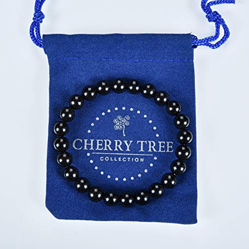 Cherry Tree Collection Gemstone Beaded Stretch Bracelet 8mm Round Beads 7" - color: Jet Stone